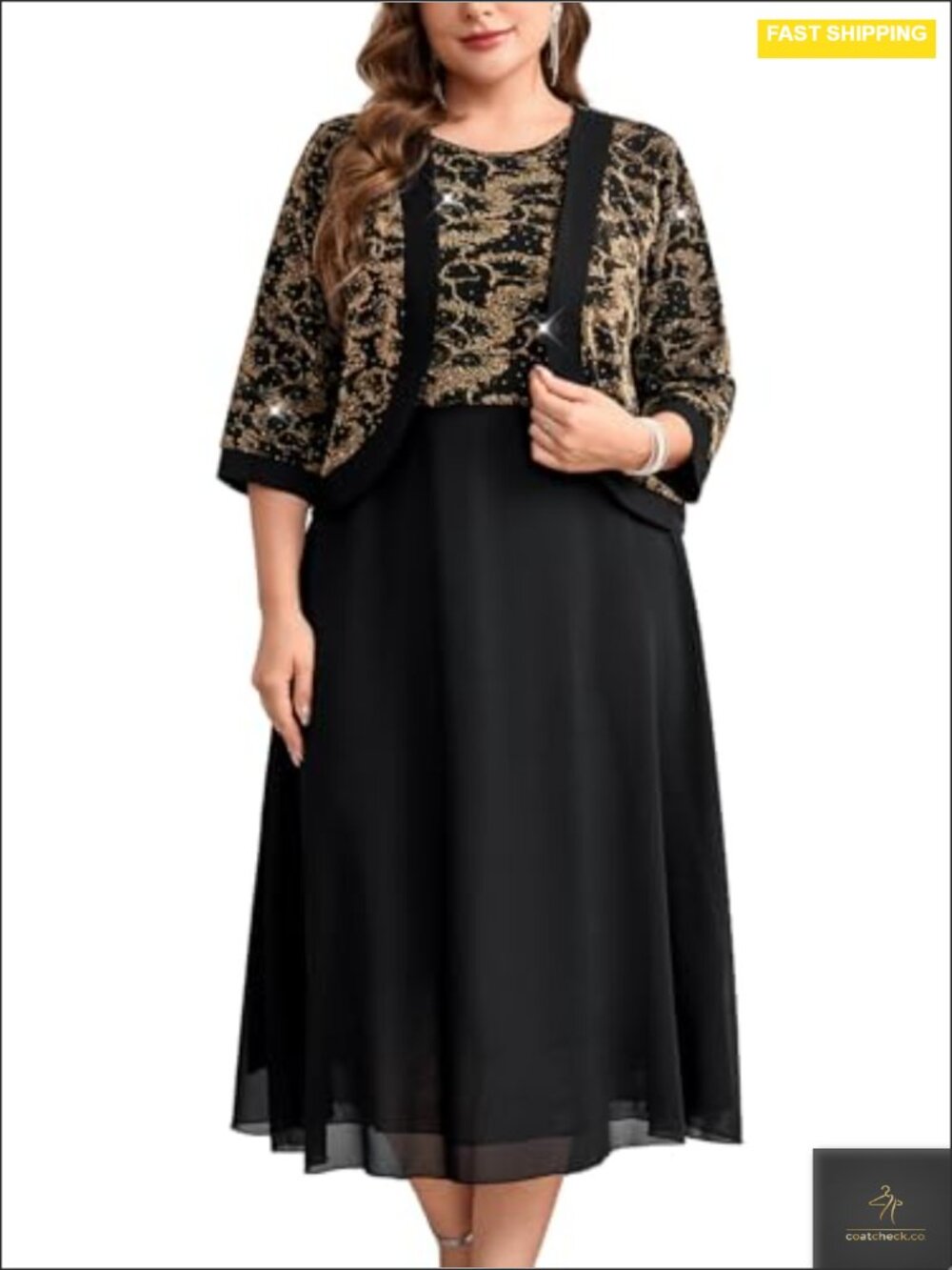 Plus Size 2 Piece Mother of Bride Dress Set with Jacket Chiffon A-Line Sparkly